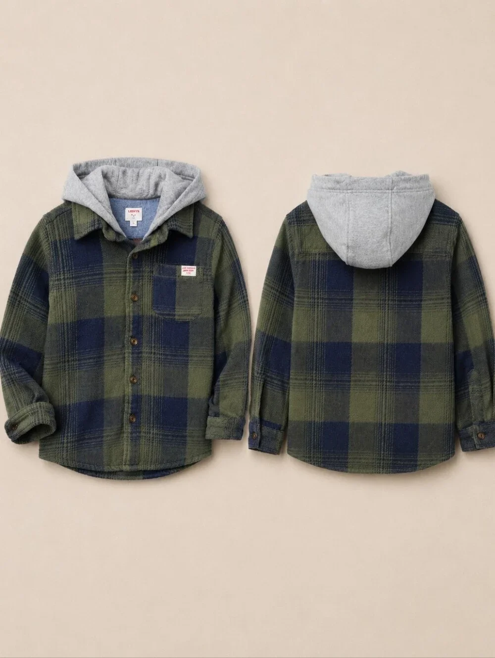 Levi's Boys Green Blue Plaid Hooded Flannel Shacket Shirt Size 4/5 90s Grunge